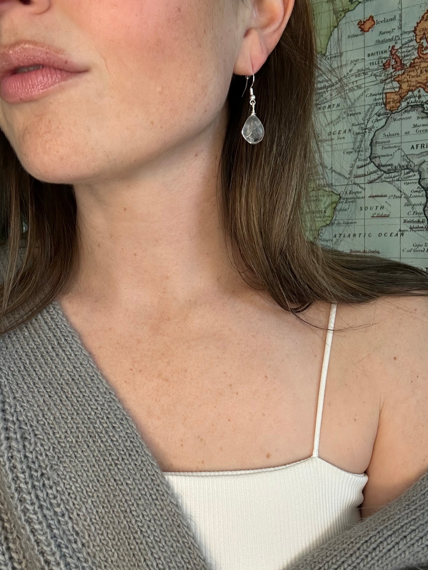 Dangling Tear Drop Clear Sea Glass Earrings