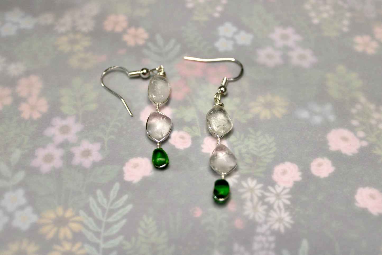 Dangling Green and Clear Sea Glass Earrings