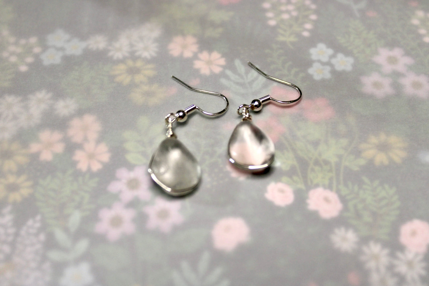 Dangling Tear Drop Clear Sea Glass Earrings