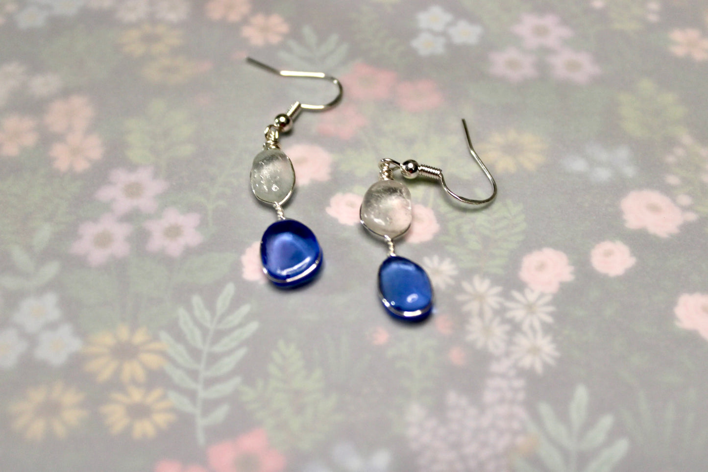 Dangling Blue and Clear Sea Glass Earrings