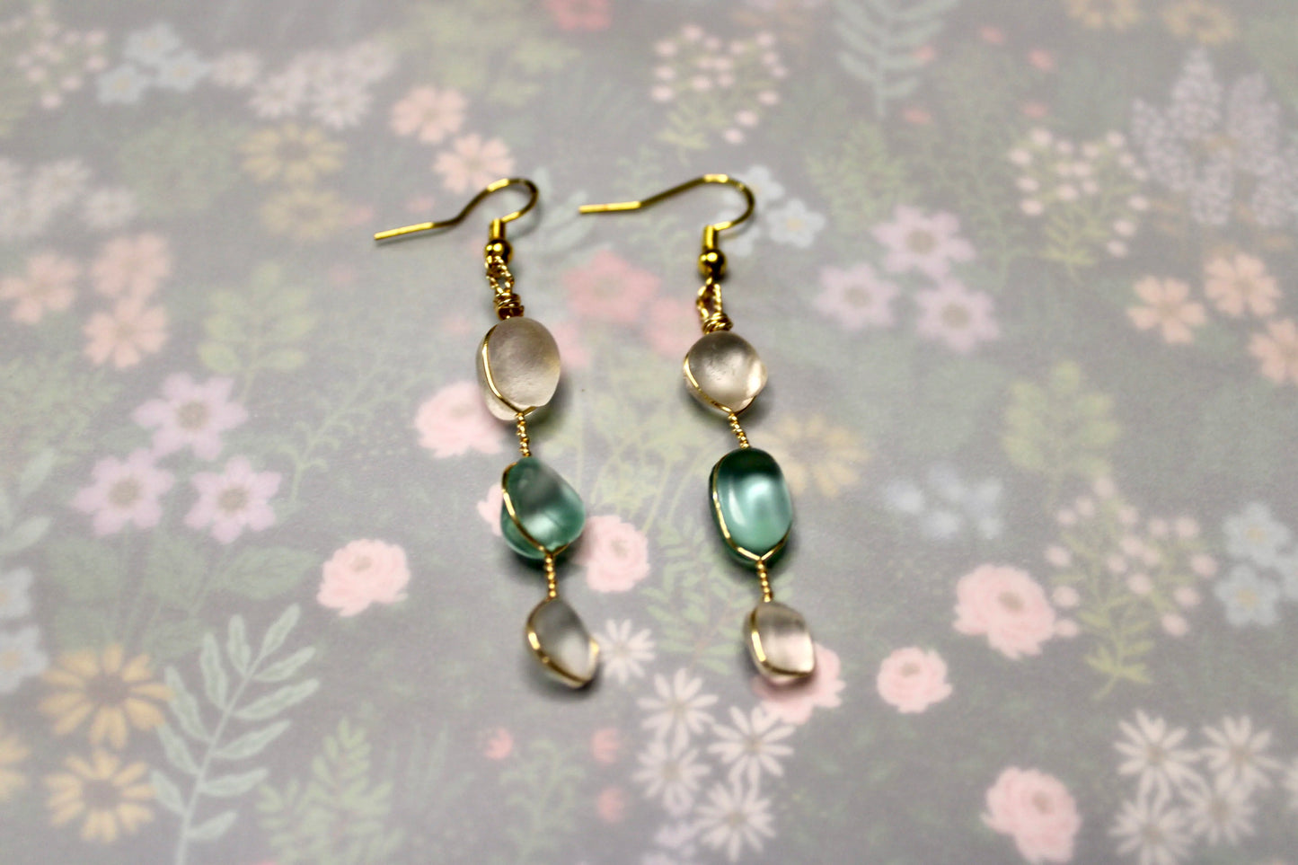 Dangling Blue and Clear Sea Glass Earrings