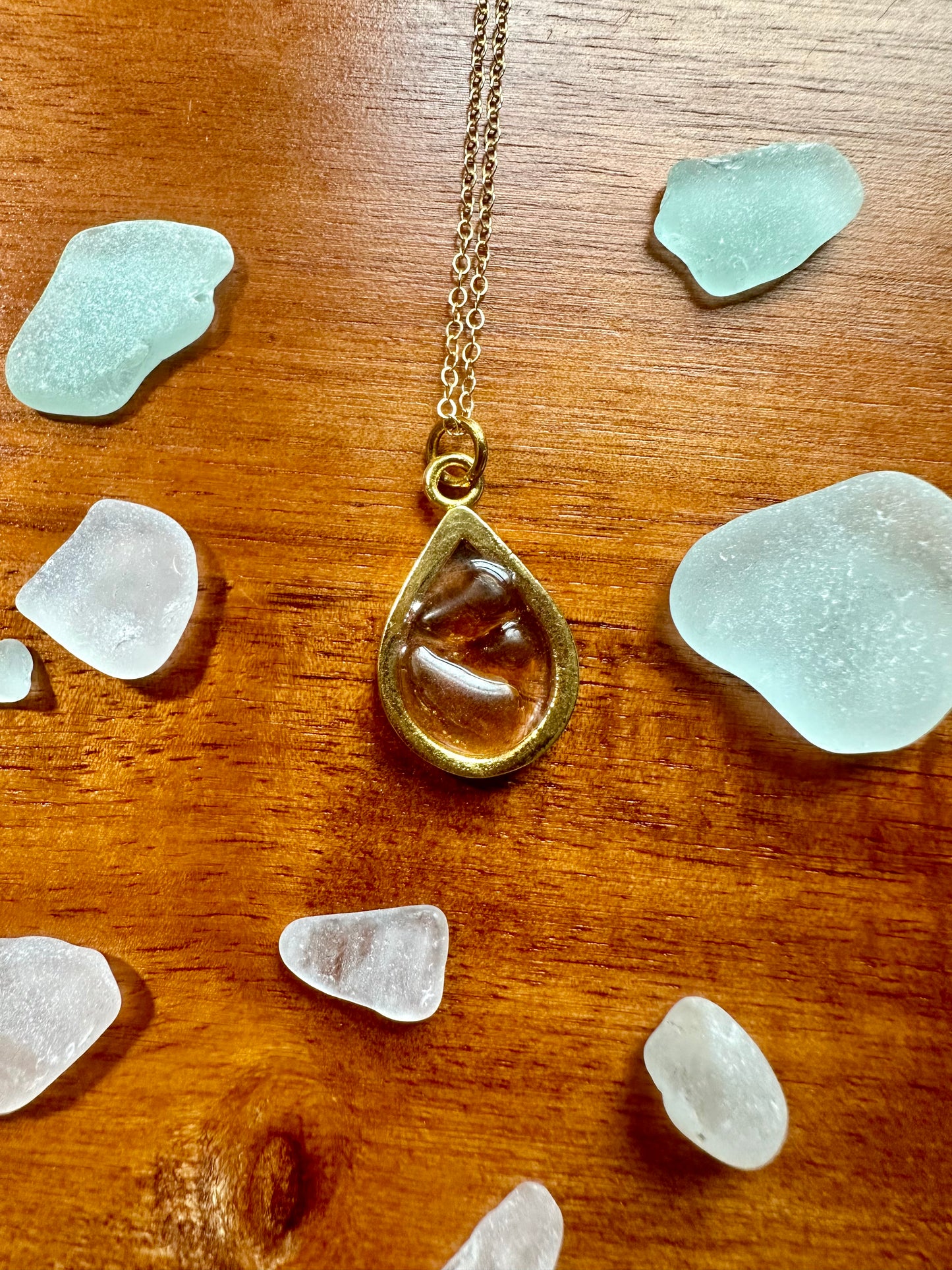 Amber Sea Glass Teardrop Pendant Necklace