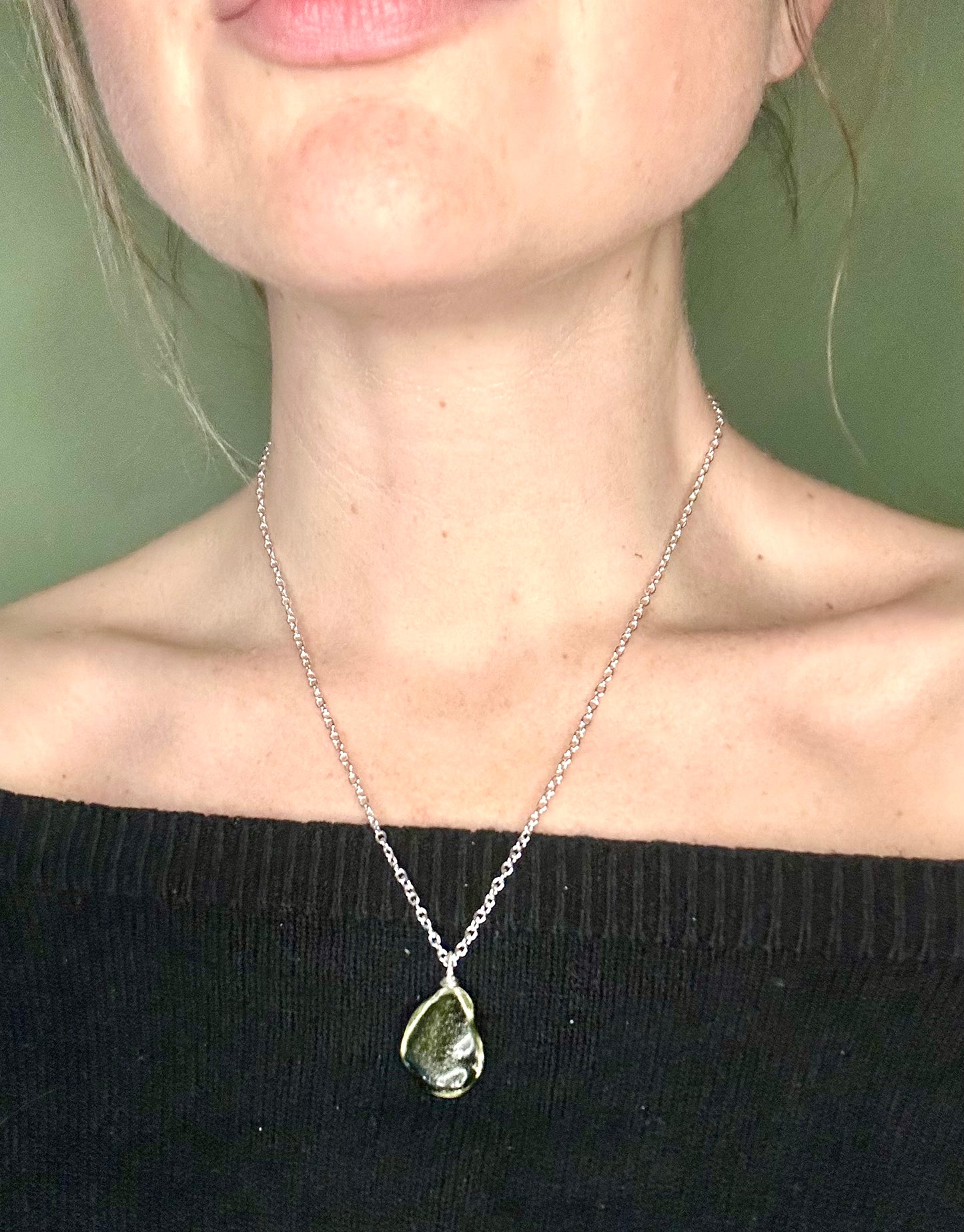 Olive Green Sea Glass Pendant Necklace