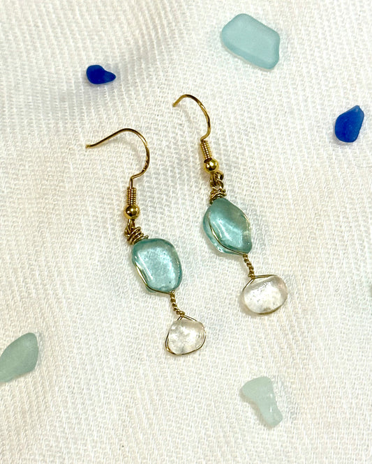 Blue and Clear Dangling Sea Glass Earrings