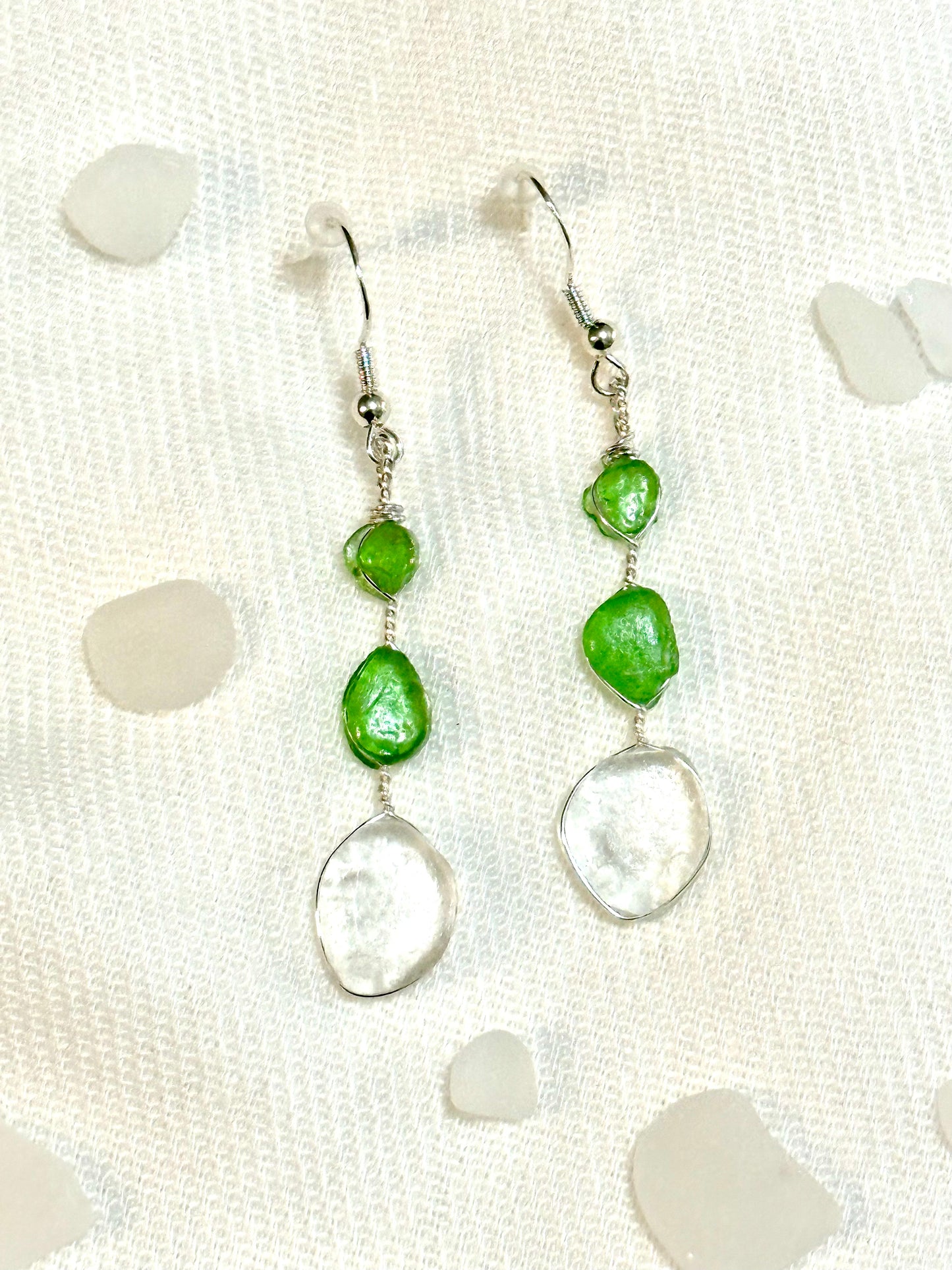 Green and Clear Dangling Sea Glass Earrings