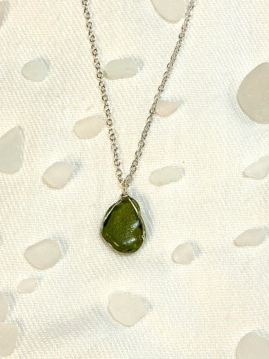 Olive Green Sea Glass Pendant Necklace